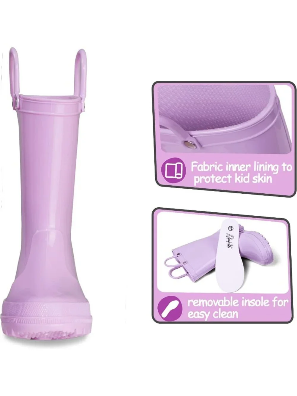 K KomForme Big Kids Size 2 Lavender Rain Boots With Handles & Removable Insole